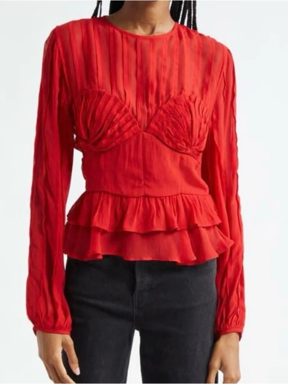 FARM Rio Red Ruffled Sheer Long-Sleeve Peplum Blouse Size Small